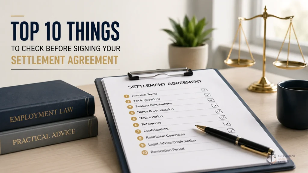 Top 10 Things to Check Before Signing Your Settlement Agreement 2 A checklist of 10 things to review with Settlement Agreement Solicitors.